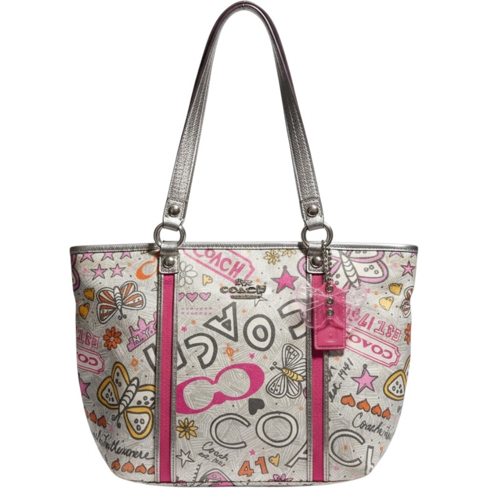 Coach Poppy Graffiti Tote Bag Silver Pink Butterfly Print 15712